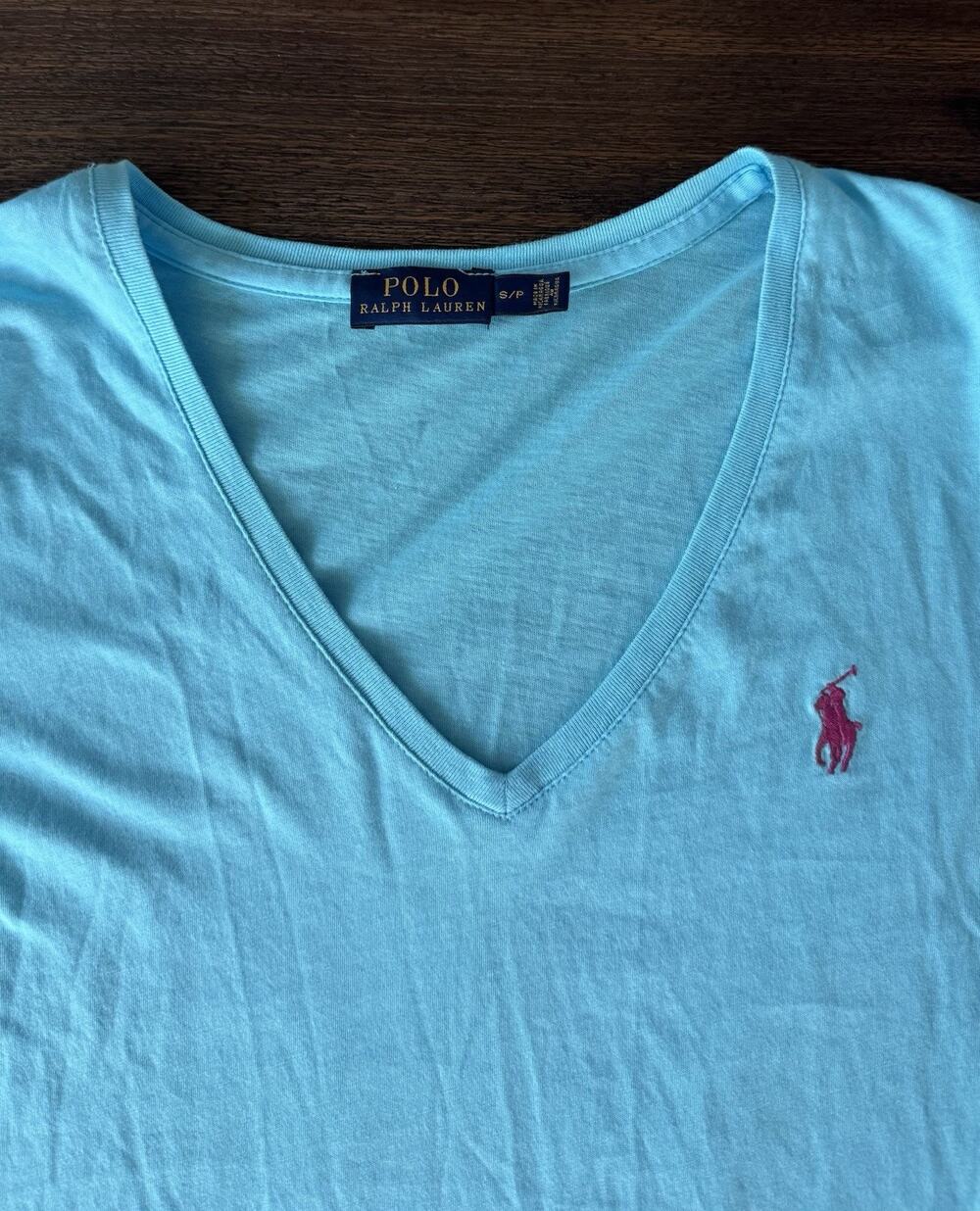 Polo Ralph Lauren Shirt Womens Small Turquoise Blue V Neck Long Sleeve Pony Top